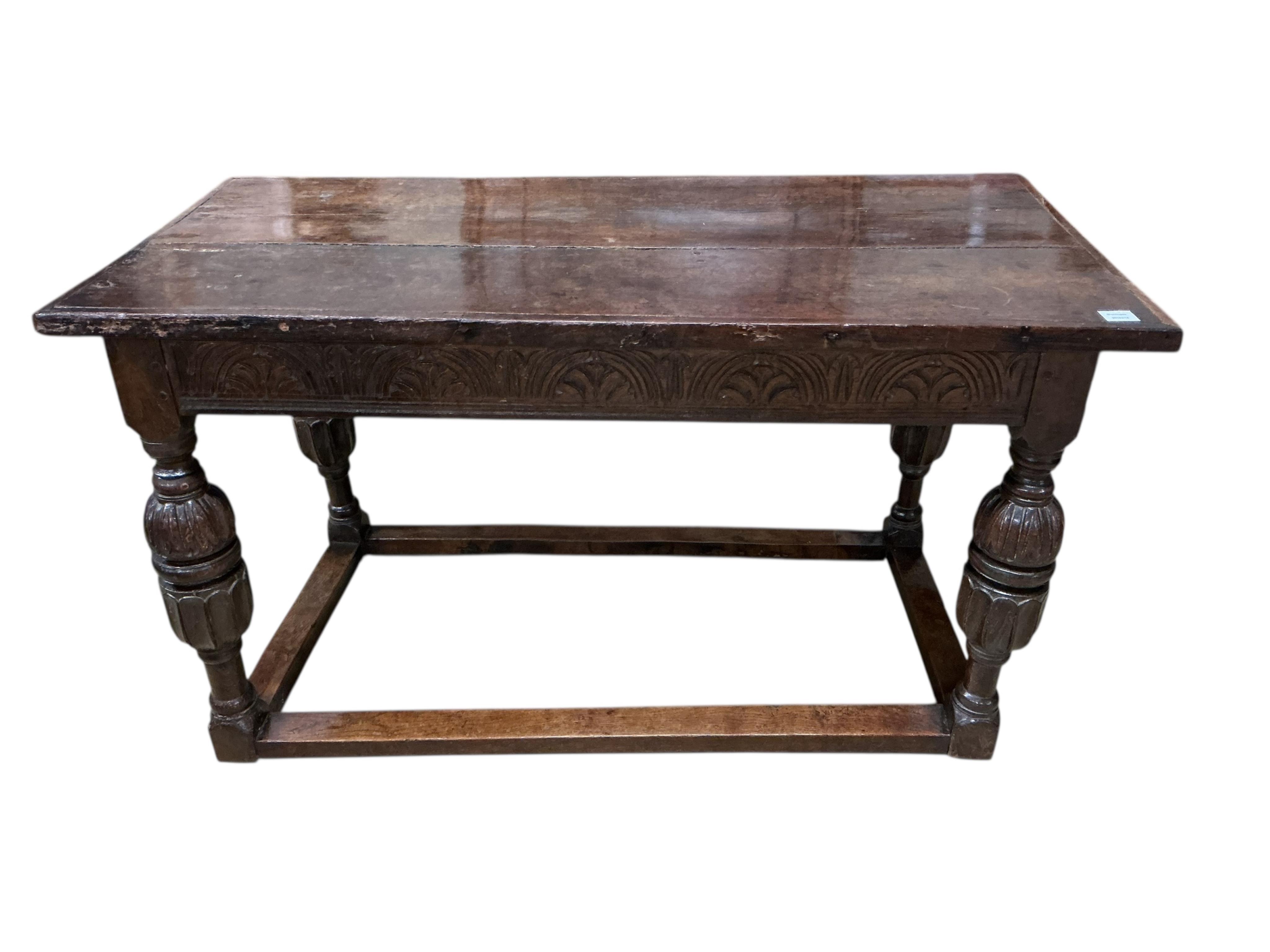 A small 17th century and later rectangular oak refectory table, (altered), width 140cm, depth 69cm, height 78cm